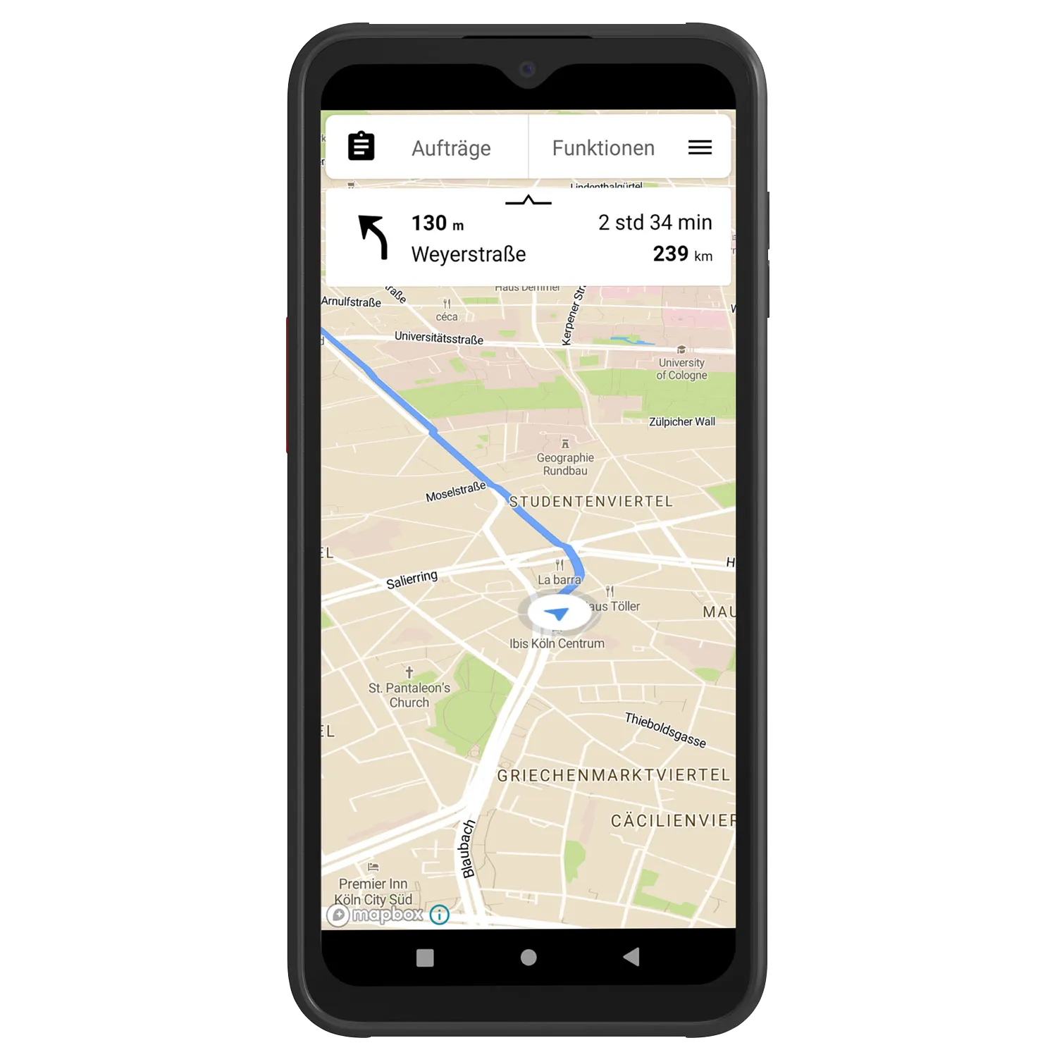 TraceMate Phone mit dem App Interface auf dem die Navigation zu sehen ist.